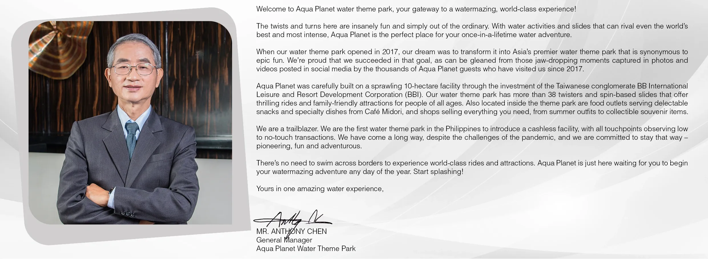 Aqua Planet General Manager 致詞與肖像