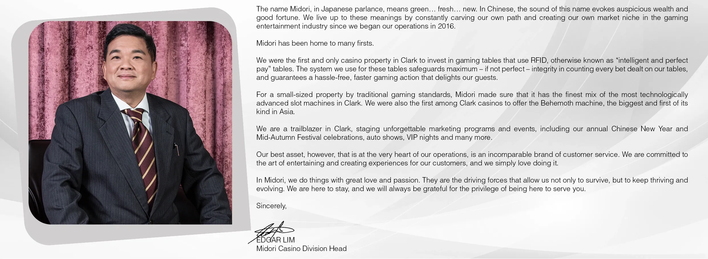 Midori Casino Division Head 致詞與肖像